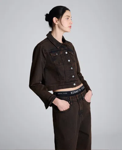 Kenneth Cole Overdye Denim Cropped Trucker Jacket In Brown
