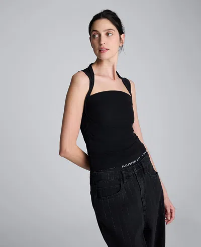 Kenneth Cole Sleeveless Square Neck Knit Mesh Top In Black
