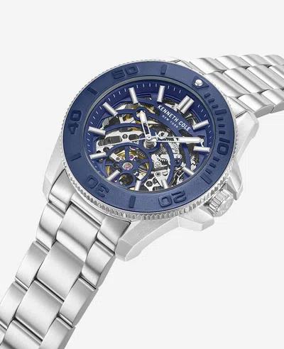 Kenneth Cole Skeleton Automatic Blue Contrast Dial Bracelet Watch In White