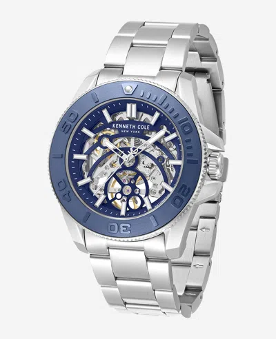 Kenneth Cole Skeleton Automatic Blue Contrast Dial Bracelet Watch In White