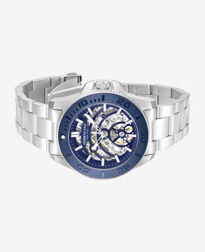 Kenneth Cole Skeleton Automatic Blue Contrast Dial Bracelet Watch In White