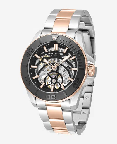 Kenneth Cole Skeleton Automatic Black Contrast Dial Two Tone Bracelet Watch In Metallic