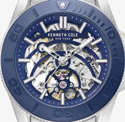 Kenneth Cole Skeleton Automatic Blue Contrast Dial Bracelet Watch In White