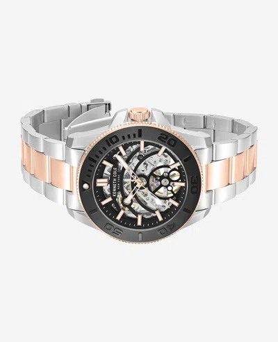 Kenneth Cole Skeleton Automatic Black Contrast Dial Two Tone Bracelet Watch In Metallic