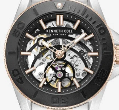 Kenneth Cole Skeleton Automatic Black Contrast Dial Two Tone Bracelet Watch In Metallic