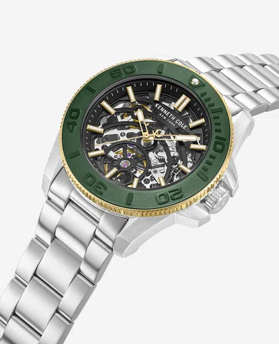 Kenneth Cole Skeleton Automatic Green Contrast Dial Bracelet Watch In Silver
