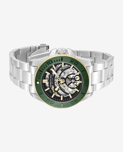 Kenneth Cole Skeleton Automatic Green Contrast Dial Bracelet Watch In Silver