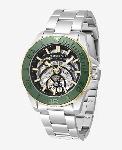 Kenneth Cole Skeleton Automatic Green Contrast Dial Bracelet Watch In Silver