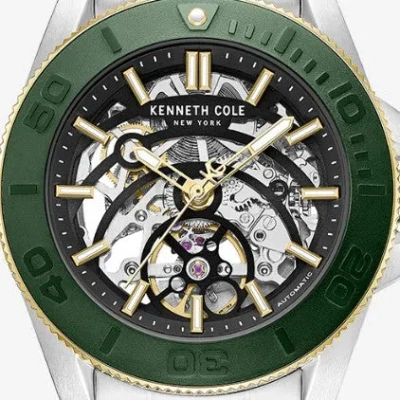 Kenneth Cole Skeleton Automatic Green Contrast Dial Bracelet Watch In Silver