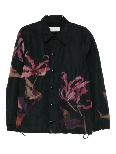 Dries Van Noten Floral Print Blouson Featuring Drawstring Hem In Black