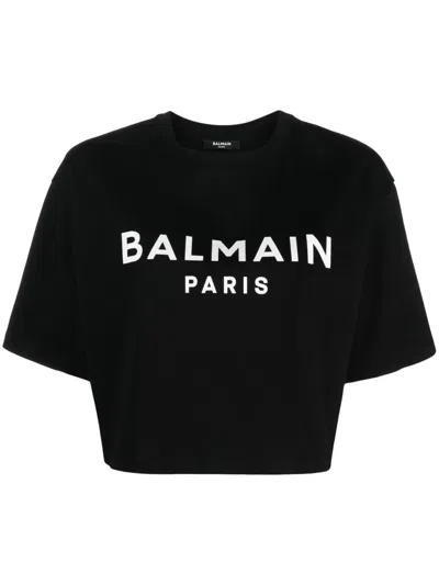 Balmain Cropped T-shirt With Print In Black