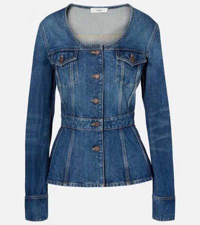 Chloé Denim Ruffled Equestrian Jacket In Blue