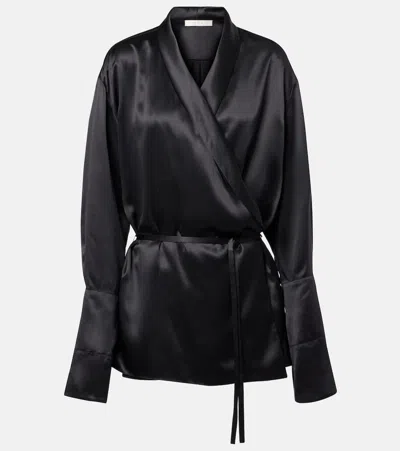 The Row Eivie Silk Long-sleeve Wrap Blouse In Black