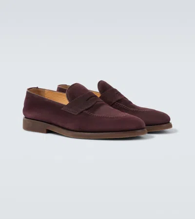 Brunello Cucinelli Suede Penny Loafers In Burgundy