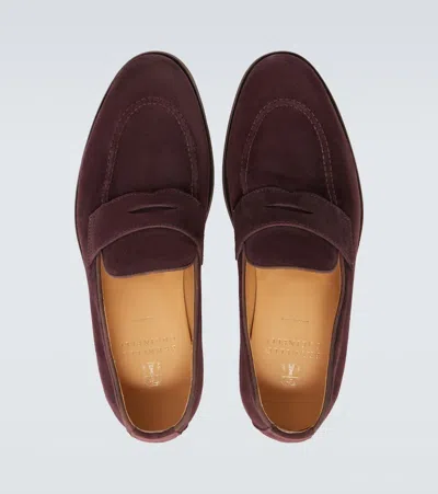 Brunello Cucinelli Suede Penny Loafers In Burgundy