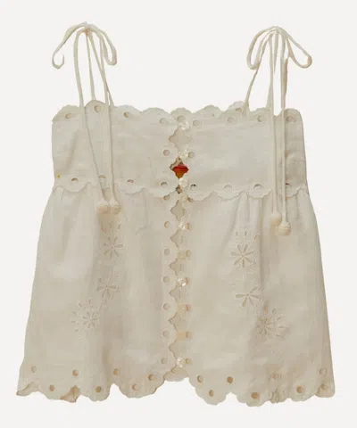 Farm Rio Off-white Flowers Richelieu Euroflax Premium Linen Blouse