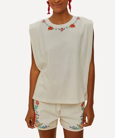 Farm Rio Off-white Cross Stitch Flowers Organic Cotton T-shirt In Neutral