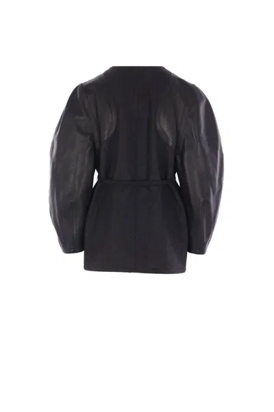 Fendi Women Grey Crewneck Jacket With Puffed Leather Sleeves In Wool Woman In Multi