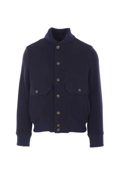 Eleventy Bomber Jacket With Ribbed Collar And Button-up Front In Blue