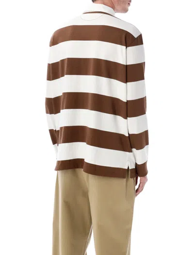 Polo Ralph Lauren Rugby Shirt With Twill Collar And Stripes In Brown