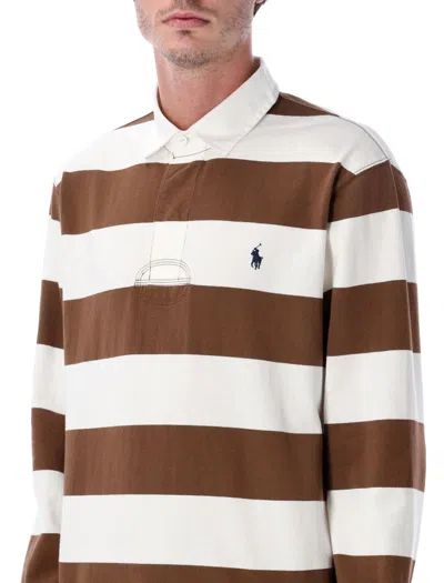 Polo Ralph Lauren Rugby Shirt With Twill Collar And Stripes In Brown