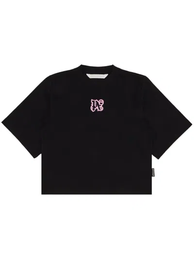 Palm Angels Crew Neck Short Sleeve Embroidered T-shirt In Black