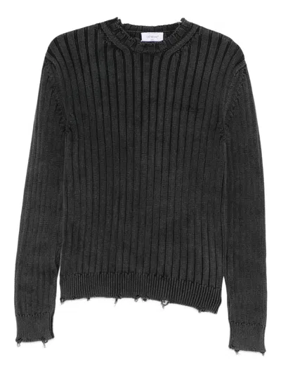 Off-white Crew Neck Long Sleeve Knitwear With Distressed Hem In Black
