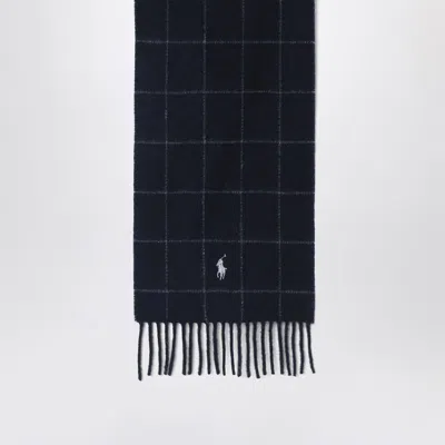 Polo Ralph Lauren Navy Checked Scarf With Logo Embroidery In Blue