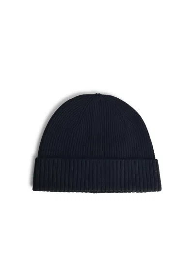 Seven Gauge Black Wool Beanie In Blue