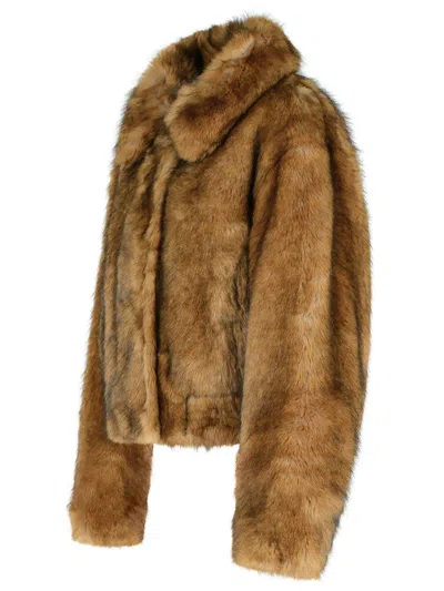 Stand Studio Cropped Faux Fur Jacket With Rounded Collar In Brown