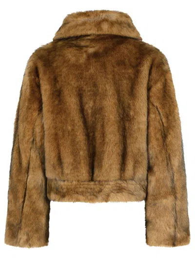 Stand Studio Cropped Faux Fur Jacket With Rounded Collar In Brown