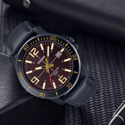 Casio Men's  Dress Series Classic Minimalistic Red 45mm 50 Waterproof Black Strap Mens Redbrown Analo