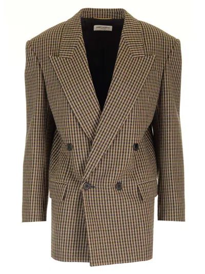 Saint Laurent Brown Wool Blazer Jackets Beige In Brown