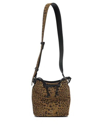 Pinko Leopard Print Drawstring Shoulder Bag In Brown