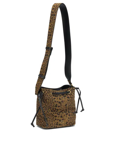 Pinko Leopard Print Drawstring Shoulder Bag In Brown