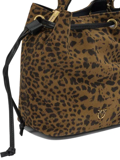 Pinko Leopard Print Drawstring Shoulder Bag In Brown