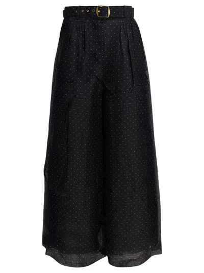 Zimmermann Polka-dot Linen And Silk Wide-leg Pants In Black