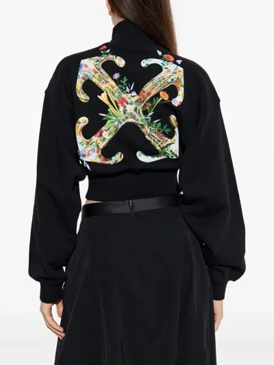 Off-white Floral Print Cropped Sweatshirt With High Collar In Black