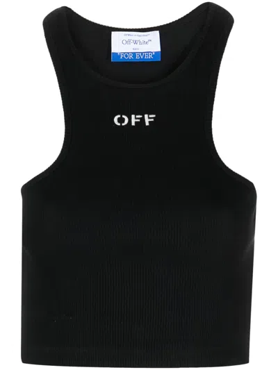 Off-white Top A Coste Con Scollo Olimpionico E Logo Off In Black
