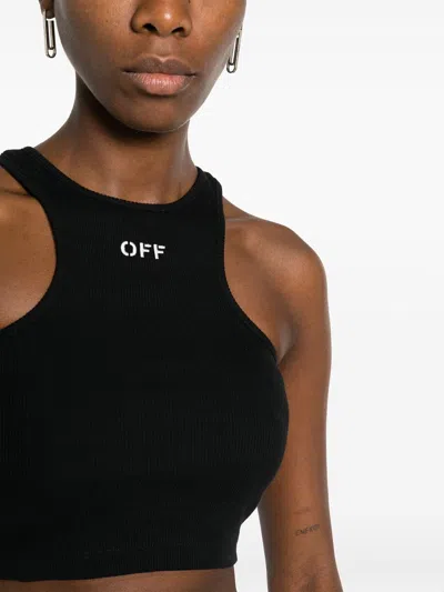 Off-white Top A Coste Con Scollo Olimpionico E Logo Off In Black
