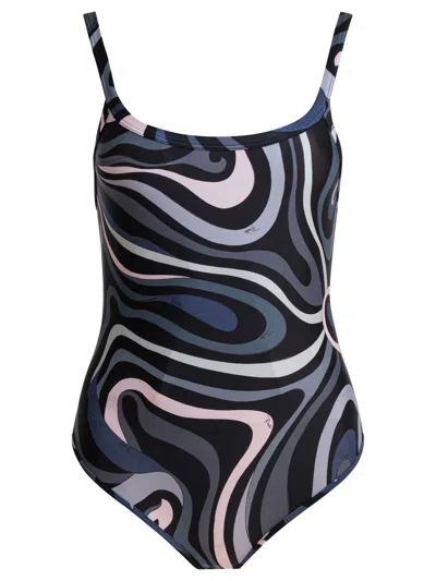 Pucci Swirl Pattern One-piece Swimsuit With Scoop Neckline In Blue
