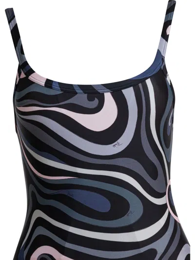 Pucci Swirl Pattern One-piece Swimsuit With Scoop Neckline In Blue