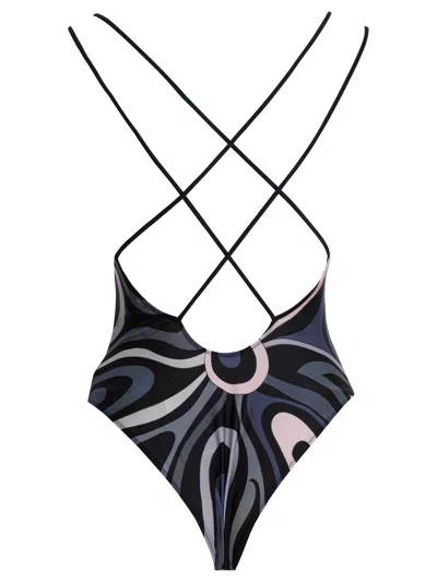 Pucci One-piece Swimsuit With Print Swimwear Black In Blue