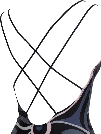 Pucci One-piece Swimsuit With Print Swimwear Black In Blue