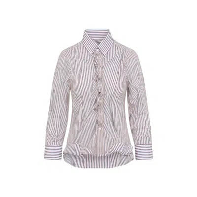 Maison Margiela Vertical Stripe Fitted Shirt With Ruffled Detail In Pink