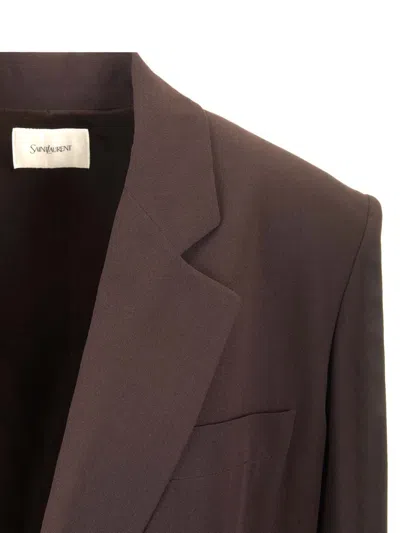 Saint Laurent Silk Crepe Doble- Breasted Blazer Jackets Brown In Brown