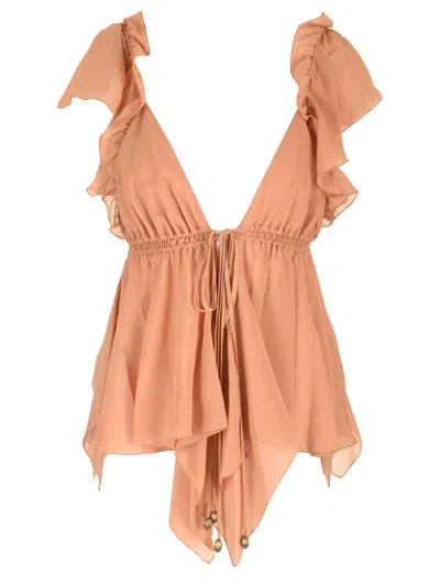 Chloé Silk Georgette Ruffled Top Tops Brown In Brown