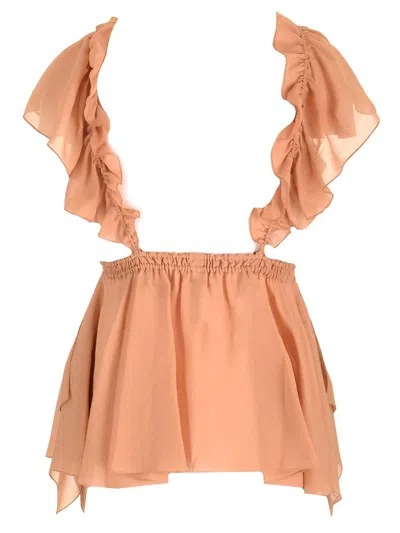 Chloé Silk Georgette Ruffled Top Tops Brown In Brown