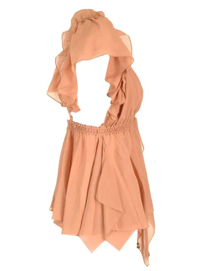 Chloé Silk Georgette Ruffled Top Tops Brown In Brown