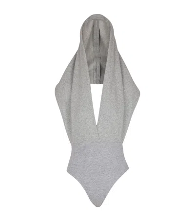 Balmain Draped Bodysuit With Hood In Gray